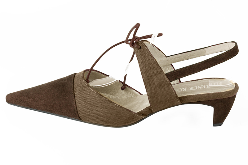 Chocolate brown and camel beige women's open back shoes, with an instep strap. Pointed toe. Low comma heels. Profile view - Florence KOOIJMAN